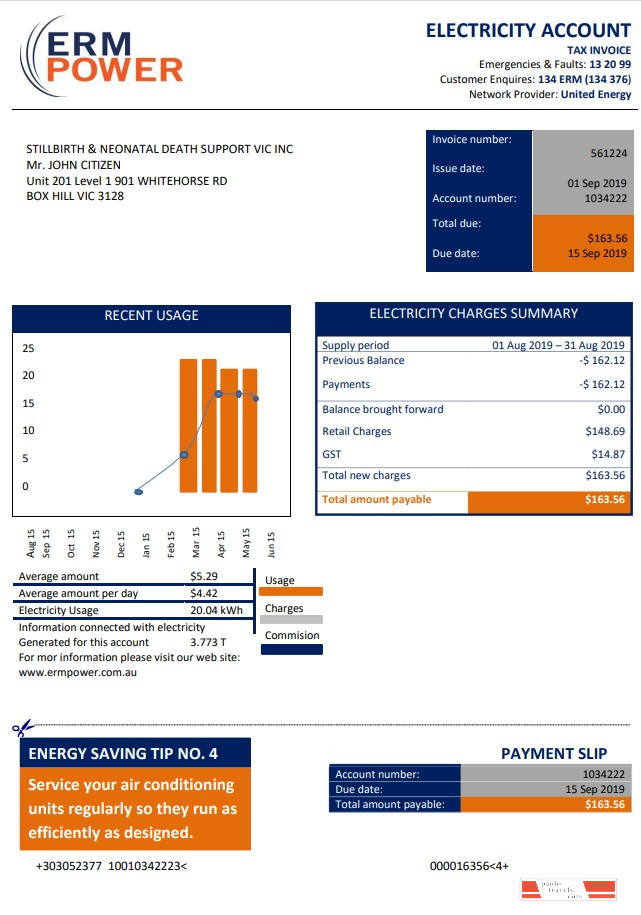 Australia ERM Power electricity proof of address utility bill